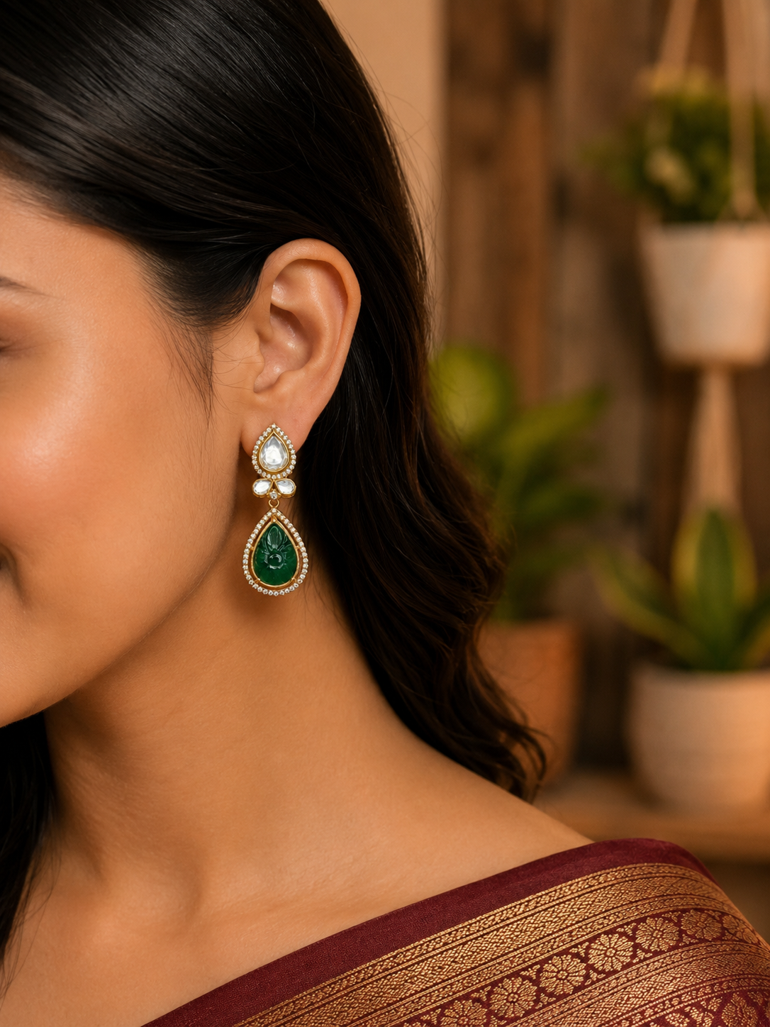 Polki Carved Emerald Earrings