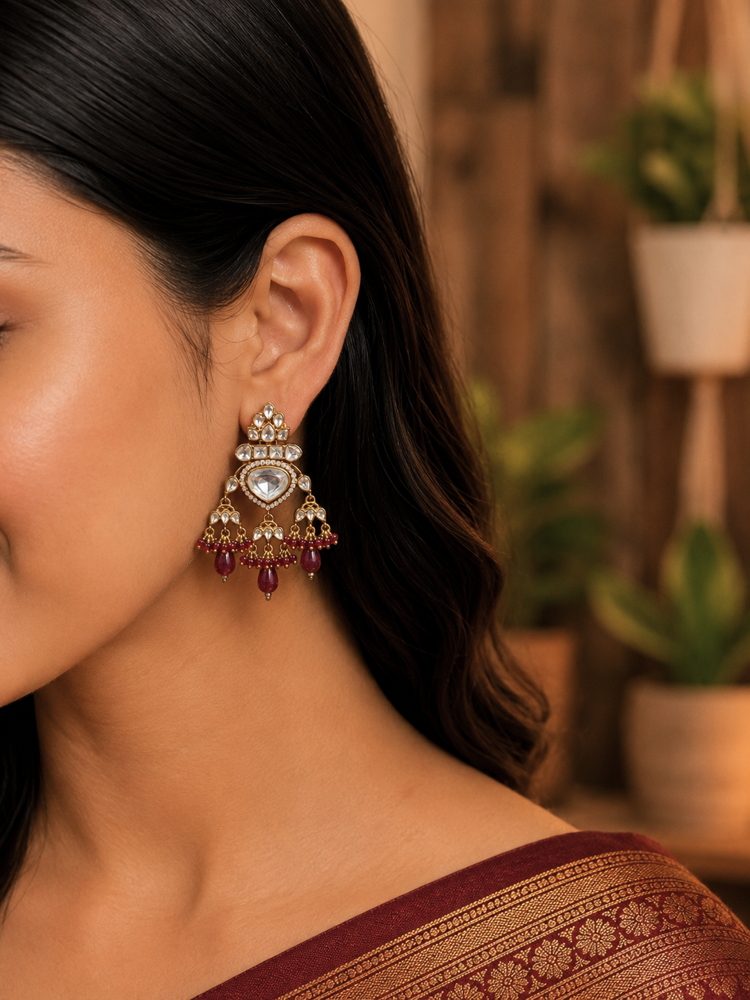 Vintage Kundan Maroon Earrings