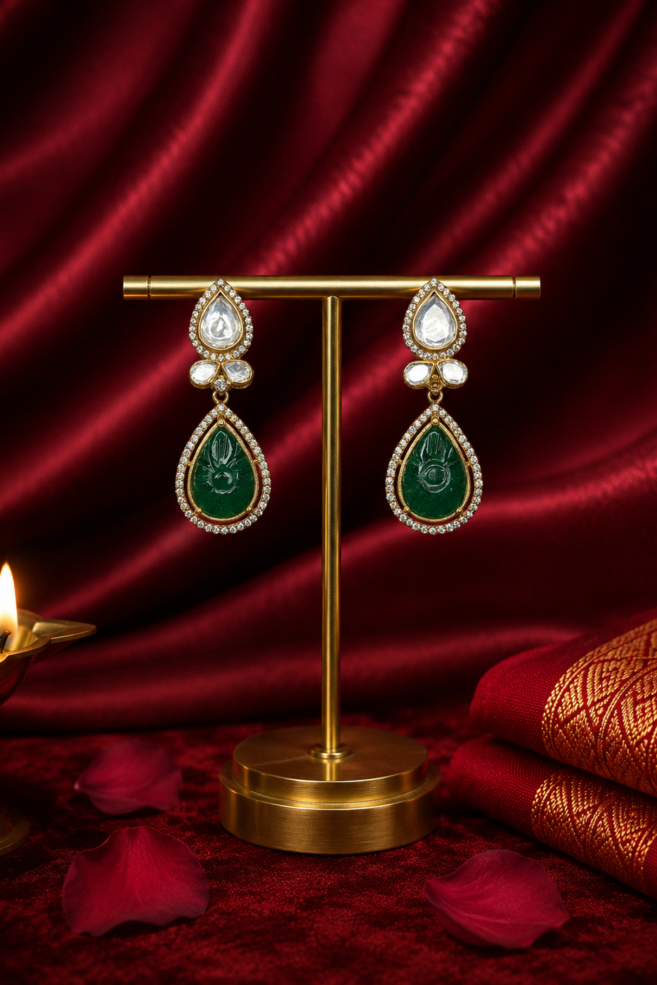 Polki Carved Emerald Earrings