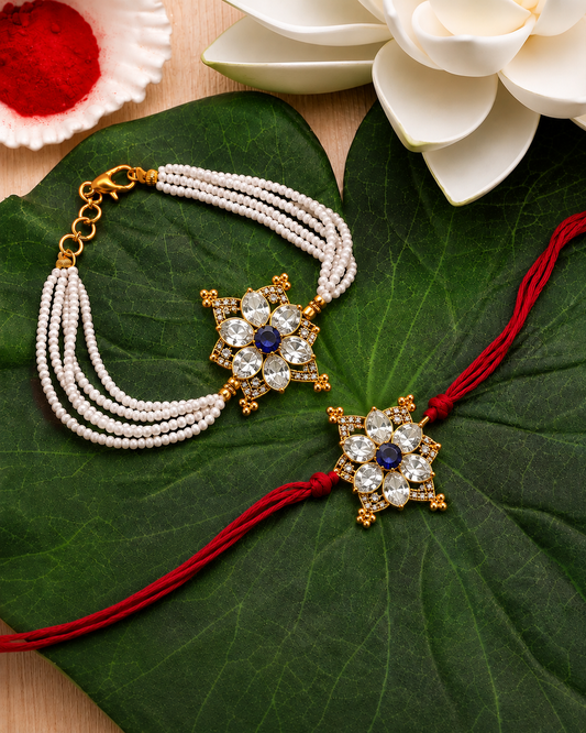 Bold Saphaire Polki Silver Rakhi Combo (His & Her)