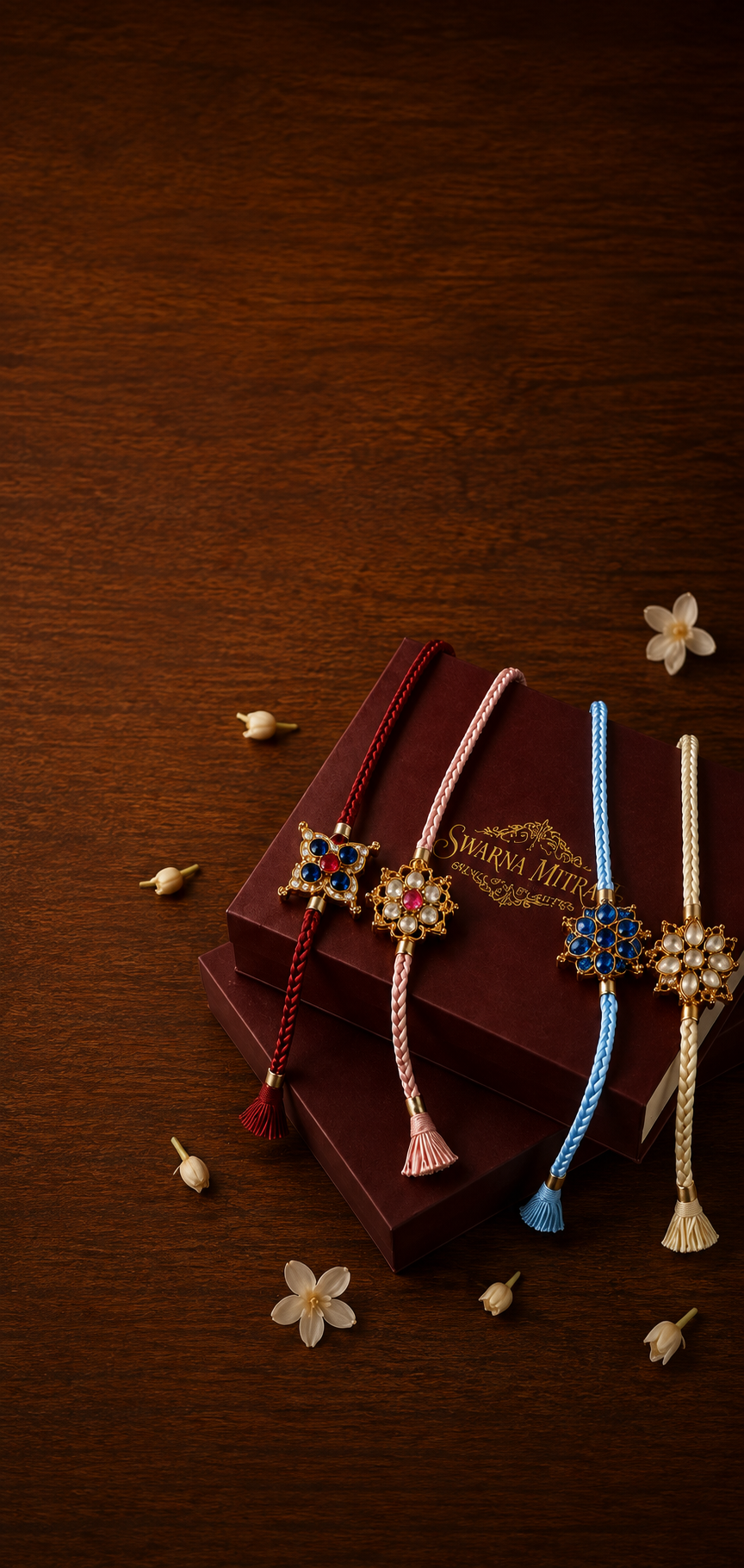 Three ornate braided Rakhi bracelets displayed on a dark brown gift box on a wooden surface. The Rakhis feature colorful gemstone-like centers in red, blue, and gold, with pink, blue, and gold tassels. Silver rakhis