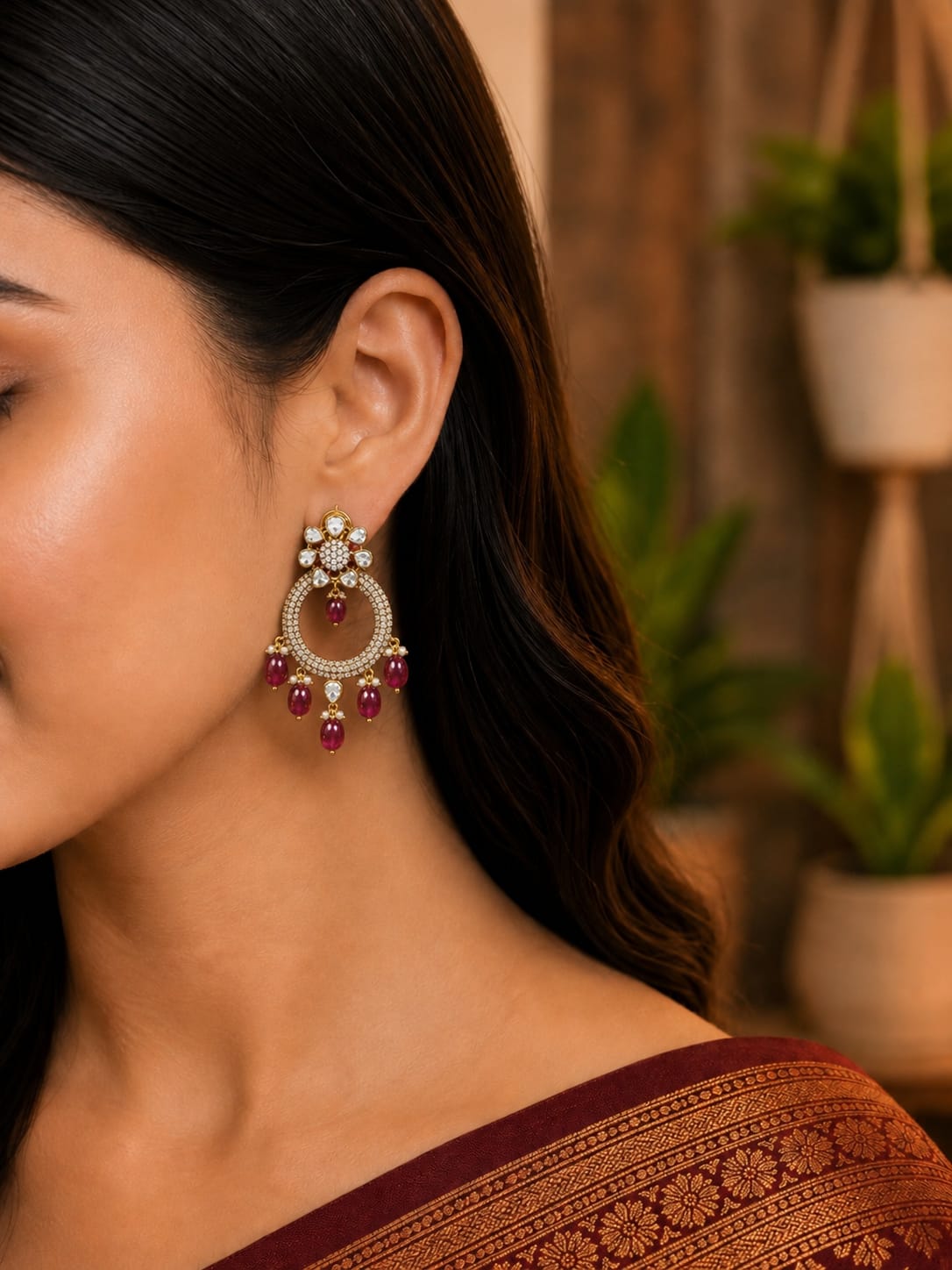 Royal Kundan Ruby Hoop Earrings