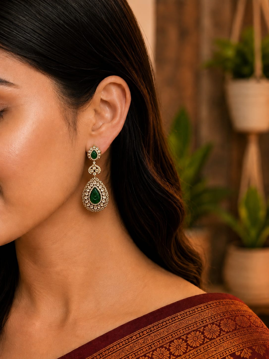 Heritage Polki Emerald Drop Earrings