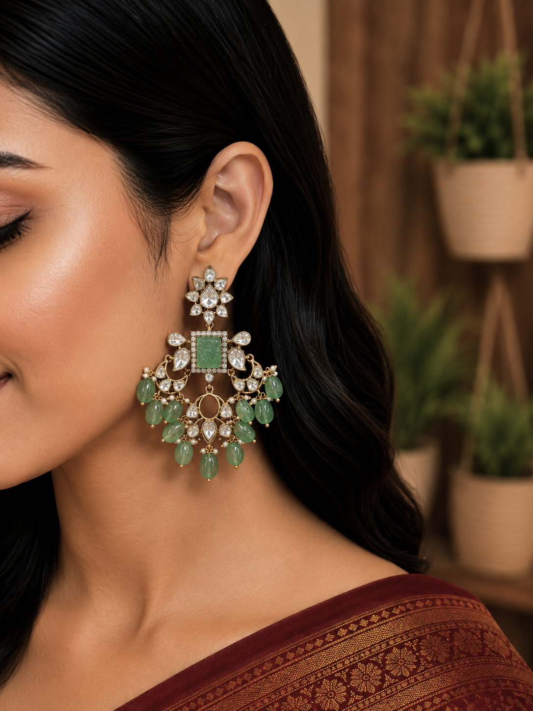 Royal Kundan Carved Emerald Earrings