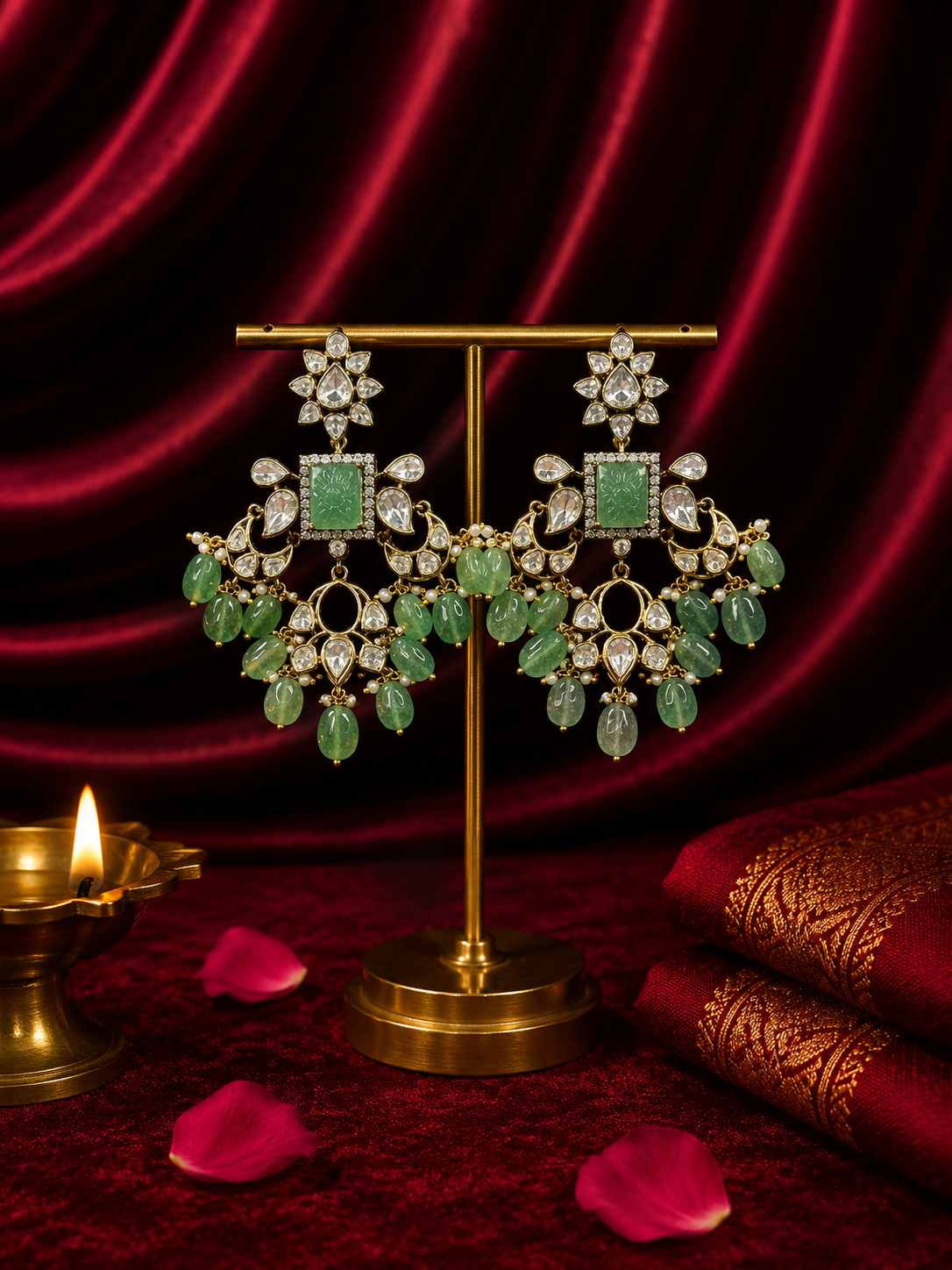 Royal Kundan Carved Emerald Earrings
